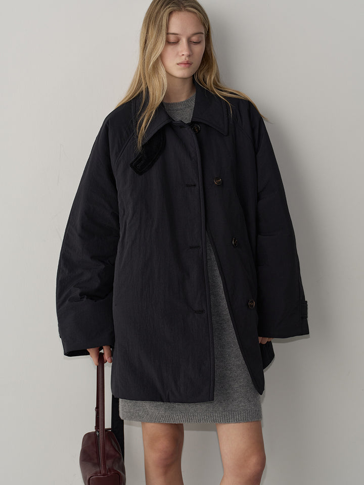 Facade Pattern Belted Padded Half Coat black