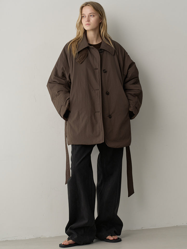Facade Pattern Belted Padded Half Coat brown