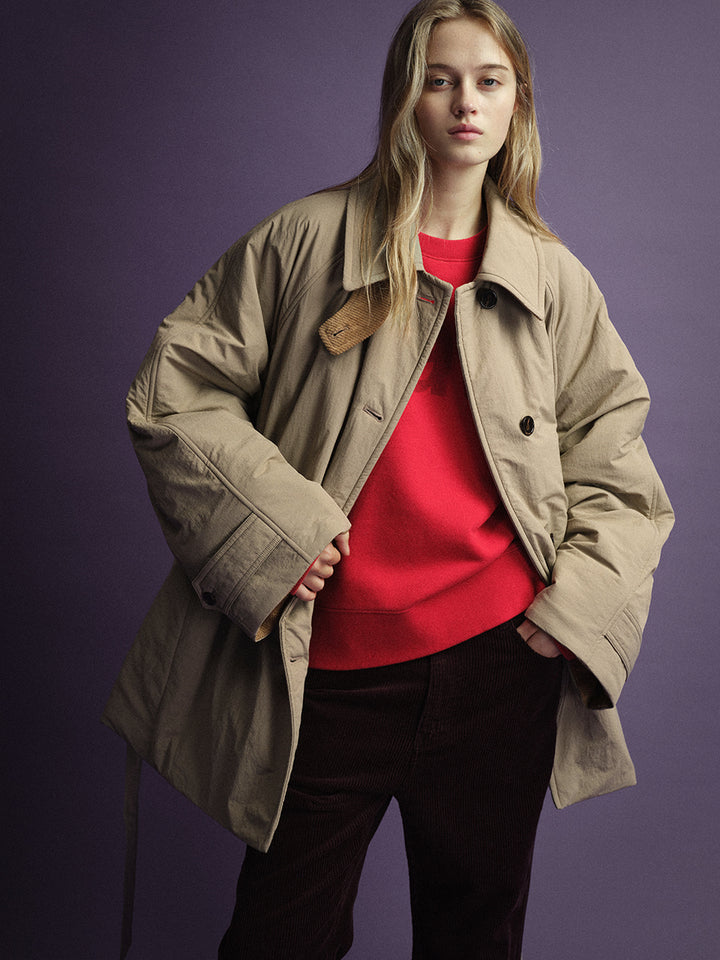 Facade Pattern Belted Padded Half Coat mocha