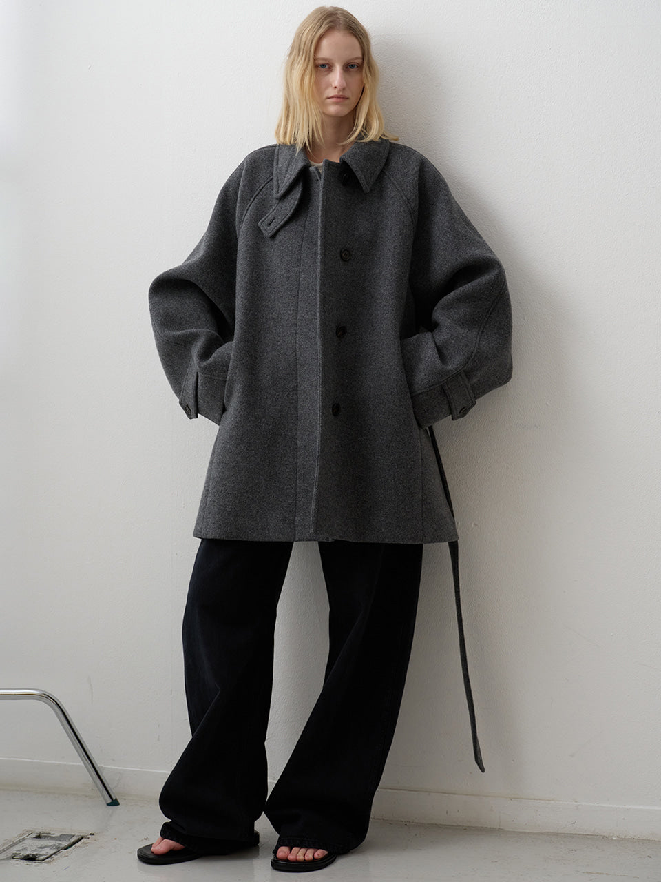 Facade Pattern Cashmere Belted Half Coat charcoal