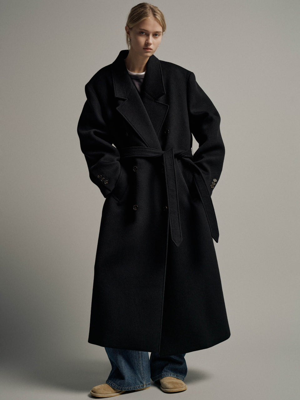 Facade Pattern Cashmere Belted Double Coat black