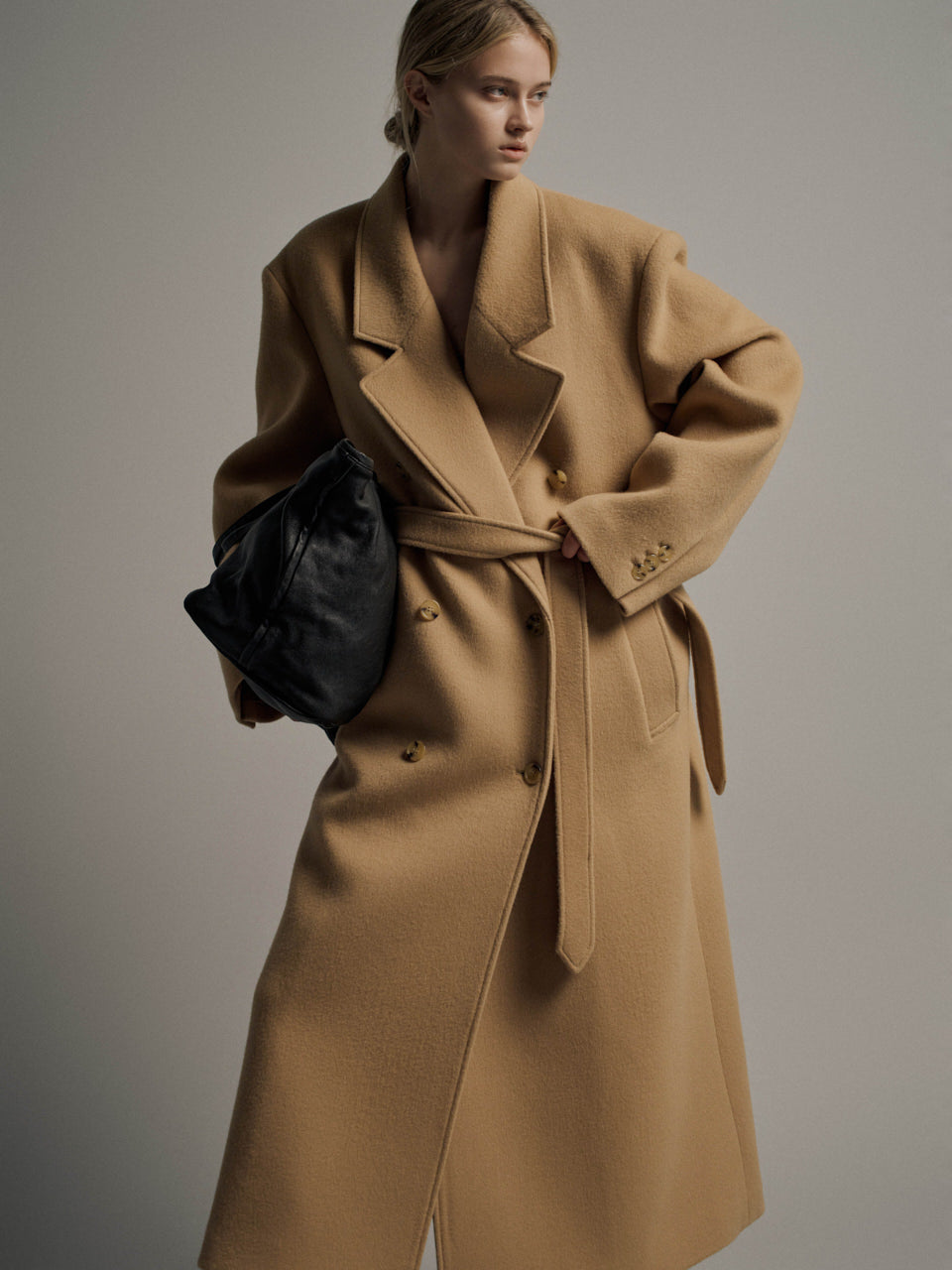 Facade Pattern Cashmere Belted Double Coat camel