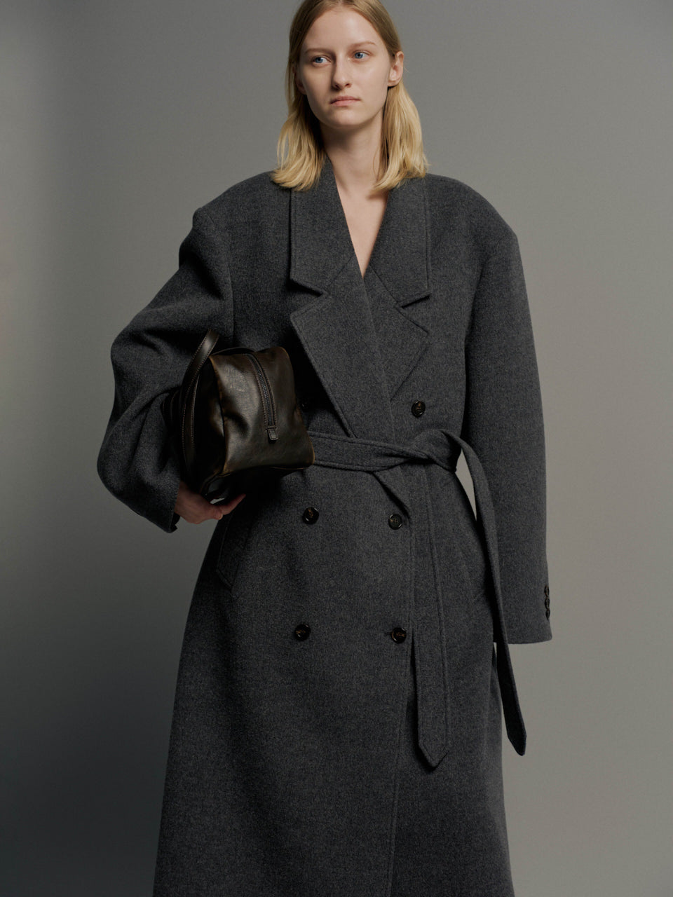 Facade Pattern Cashmere Belted Double Coat charcoal