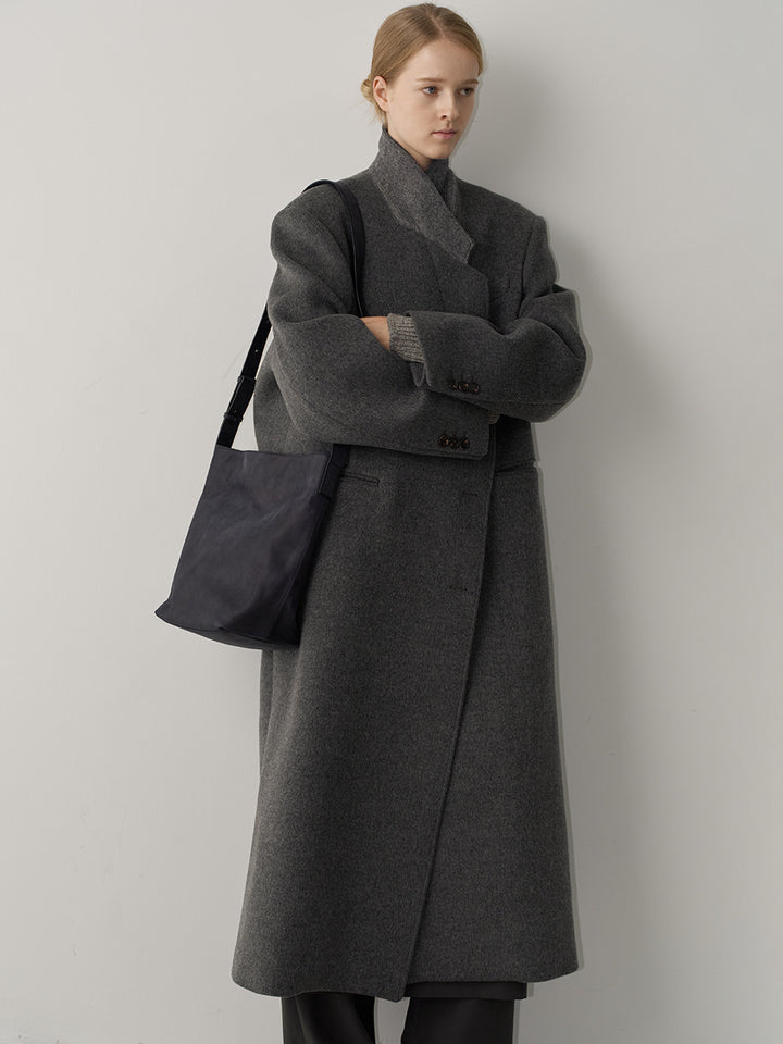 Facade Pattern Cashmere Stand Collar Coat charcoal