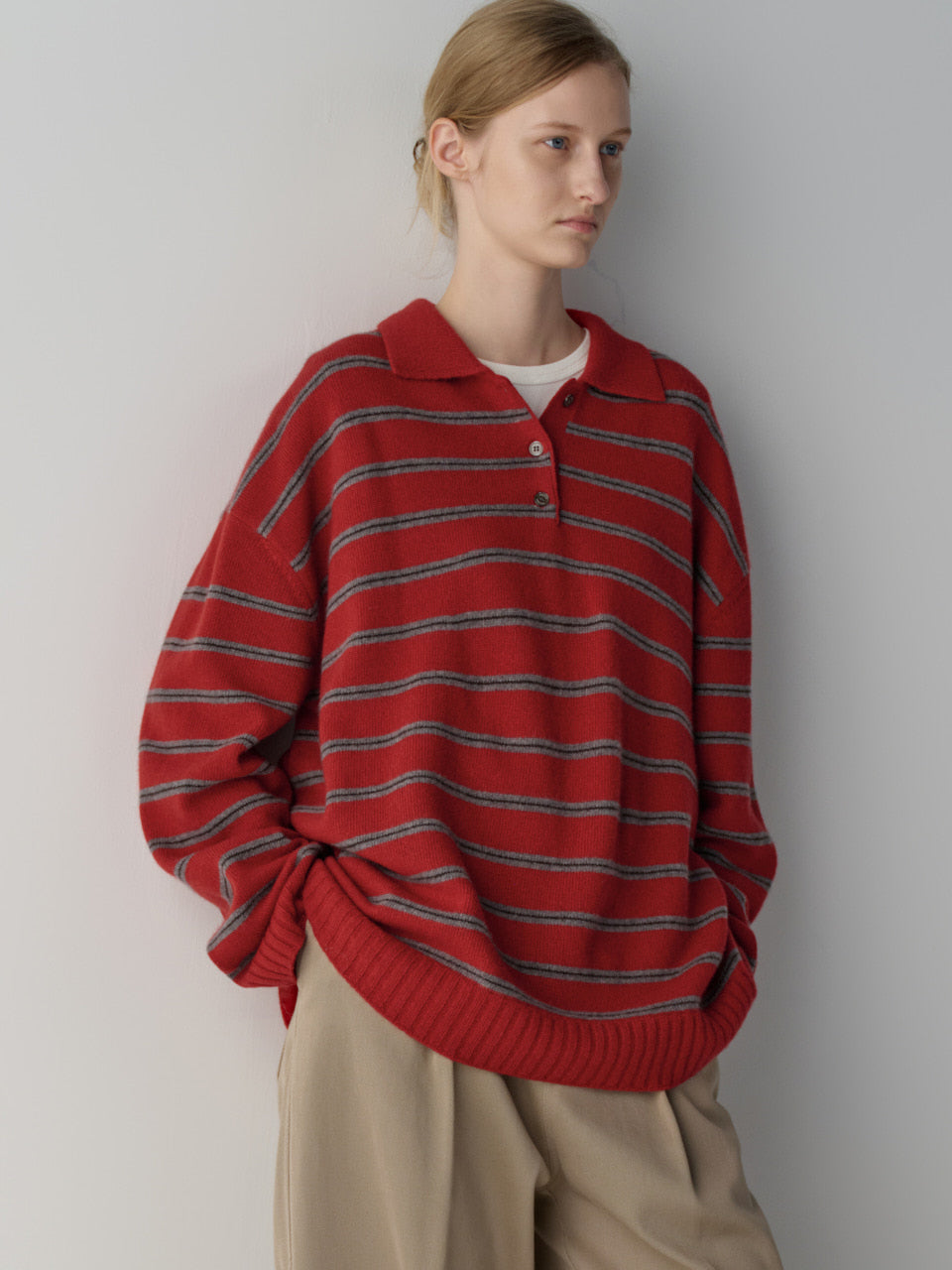 Facade Pattern Cashmere Stripe Collar Knitwear red