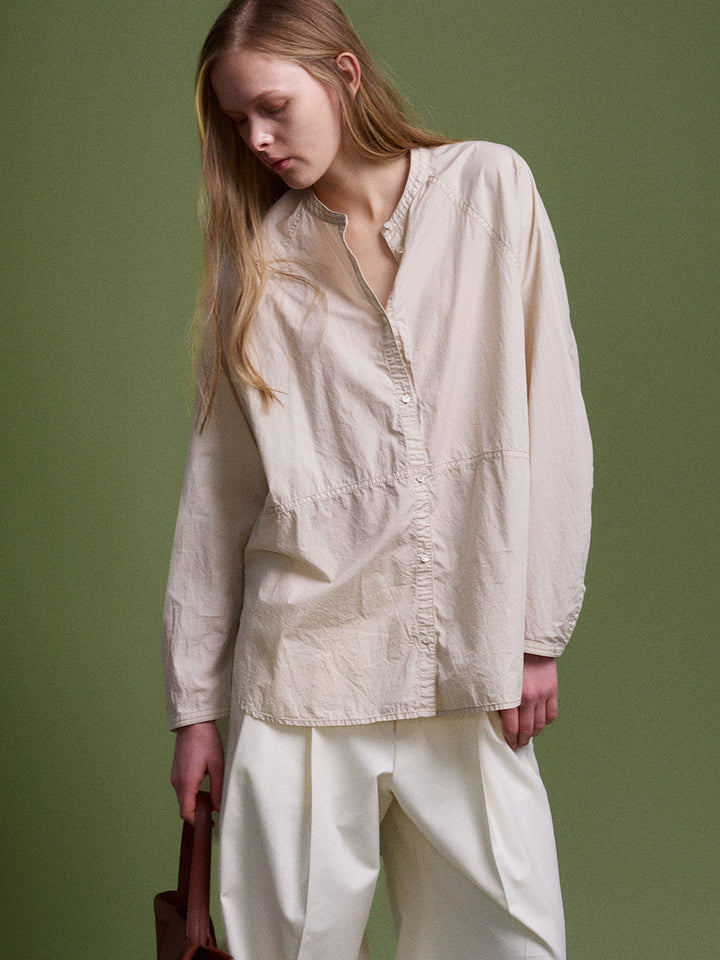 Facade Pattern Cotton Band Collar Blouse beige