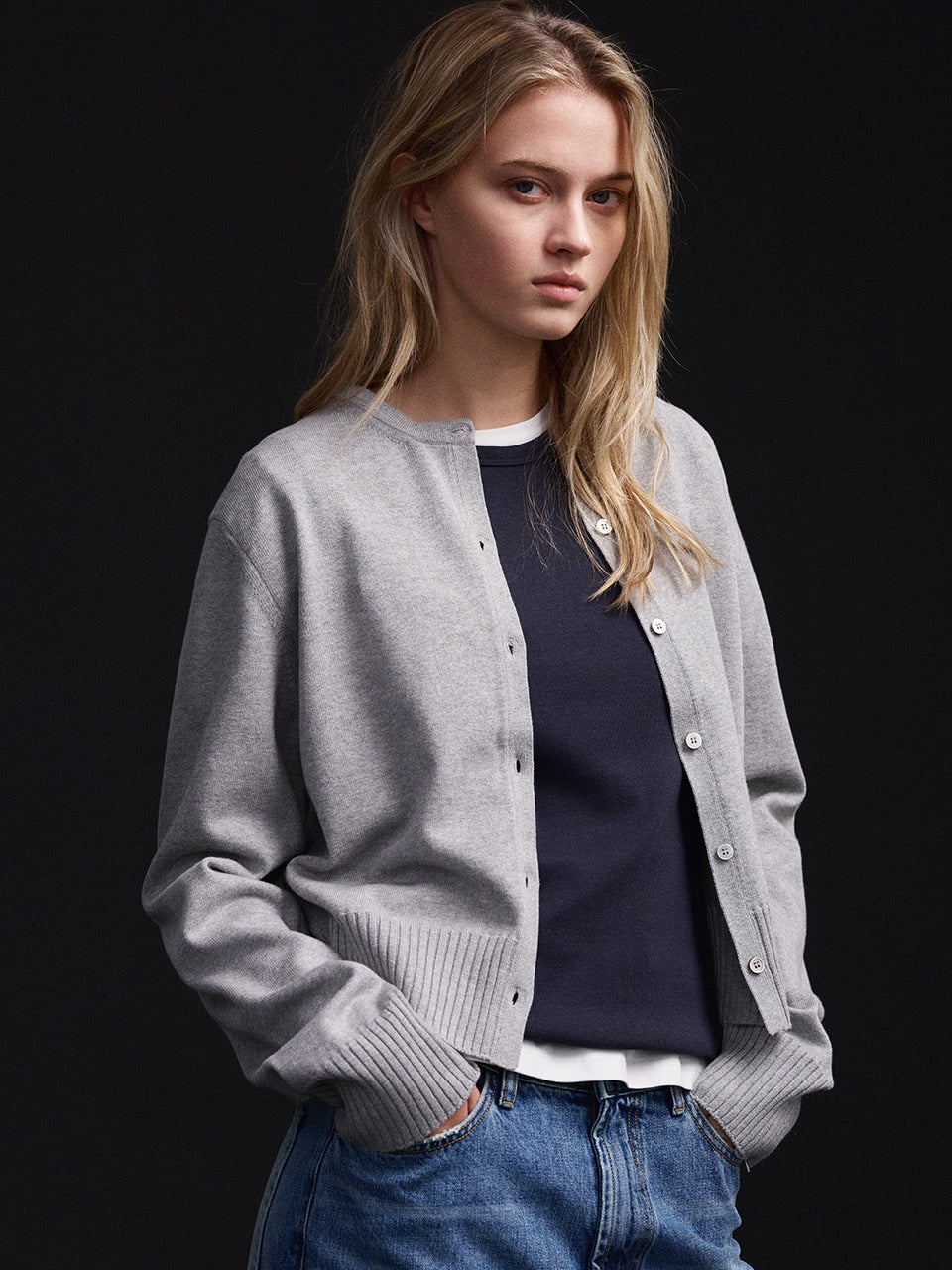 Facade Pattern Cotton Minimal Cardigan light grey