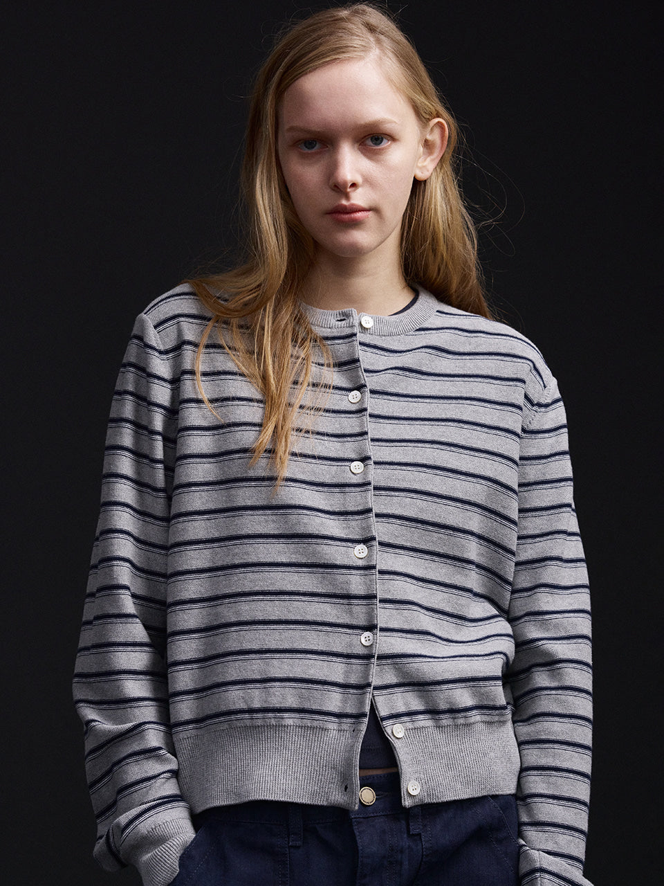 Facade Pattern Cotton Stripe Cardigan grey
