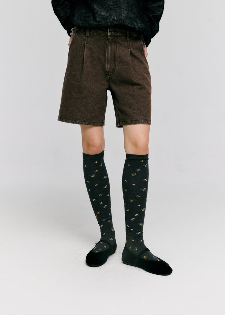 Depound color half denim pants - brown