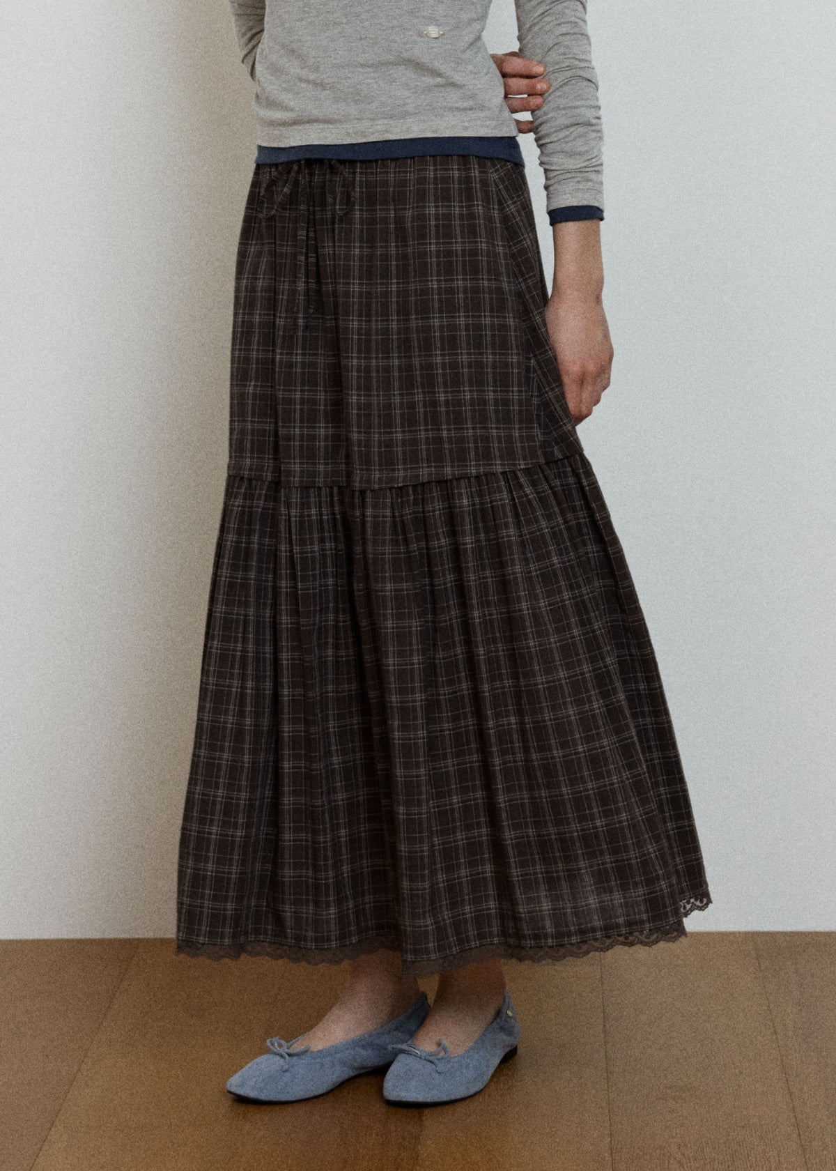 Depound lace point check tiered skirt - brown