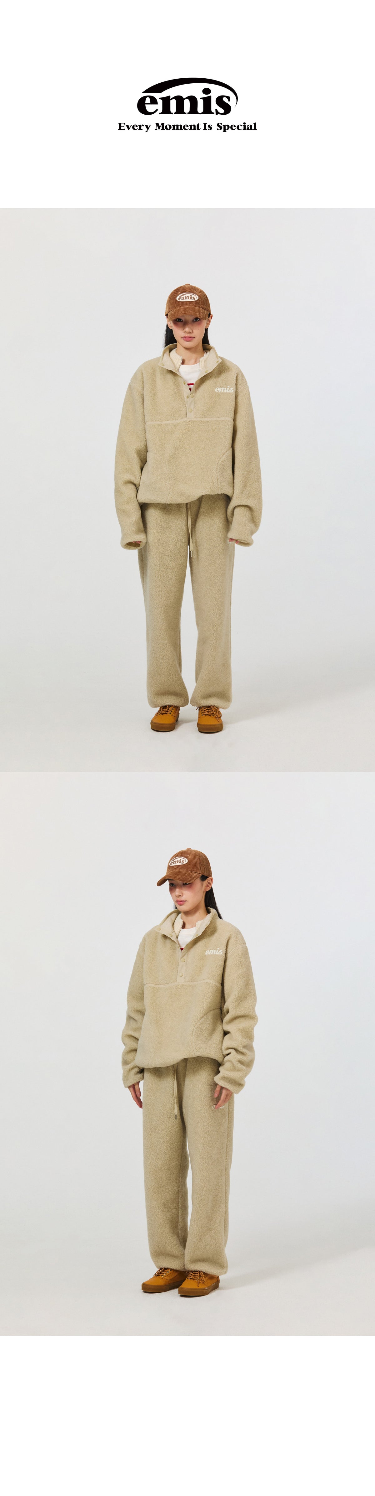 EMIS Oversized Half Neck Fleece Top-Beige