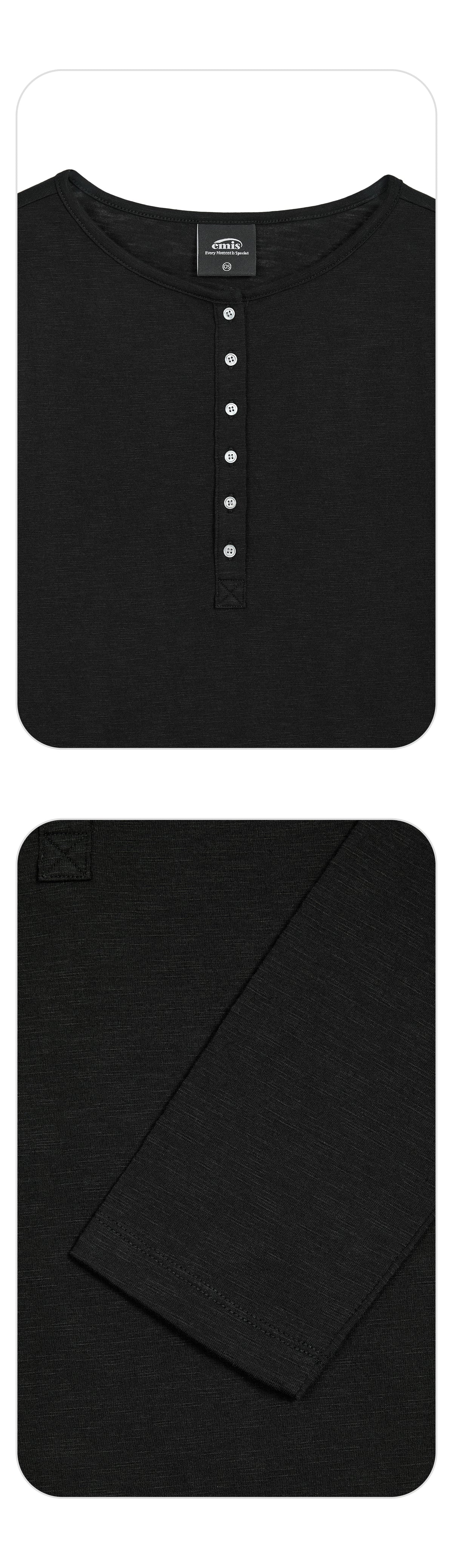 Emis Summer Slub Henley Neck T-Shirt-Black