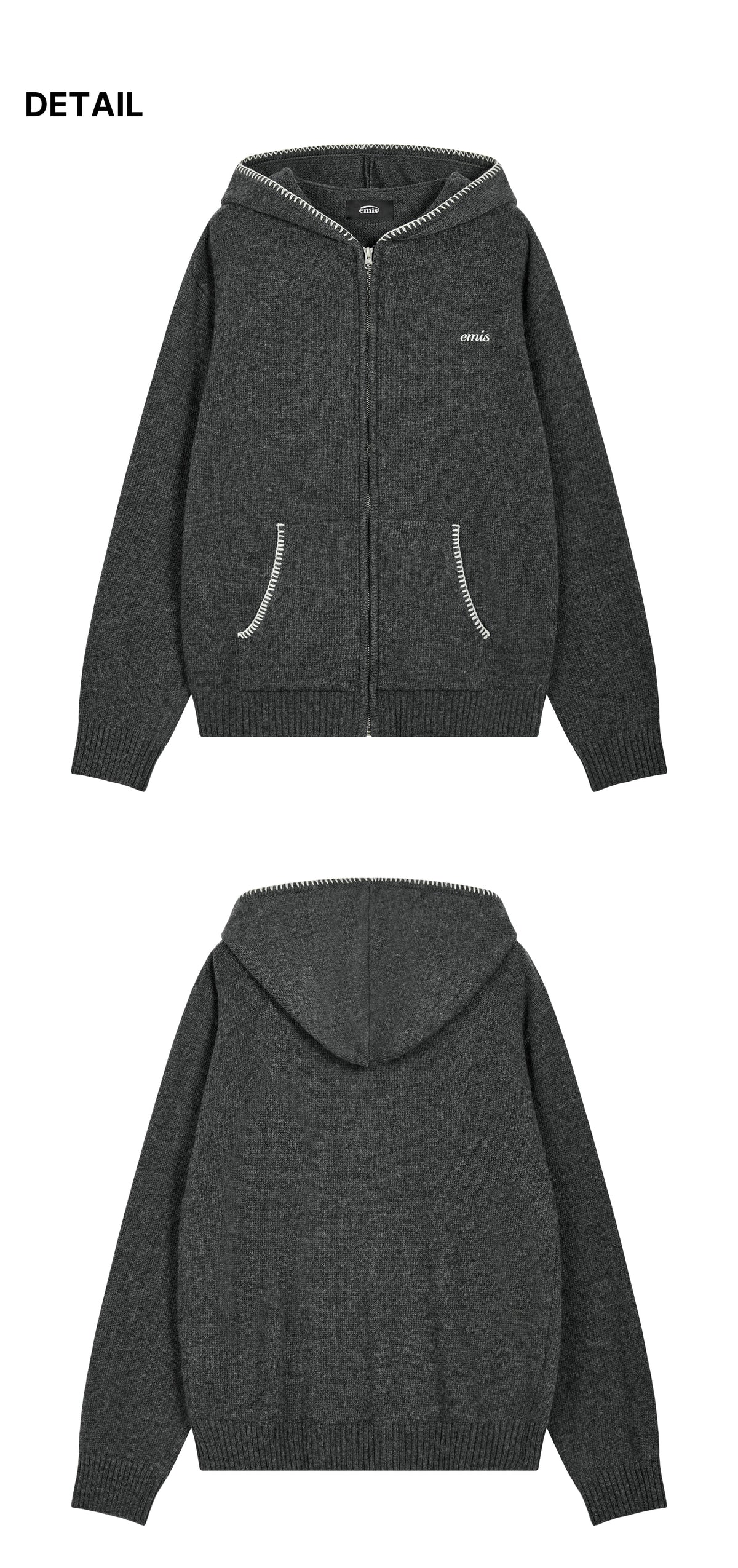 Emis Blanket Stitch Knit Hood Zip-UP-Charcoal