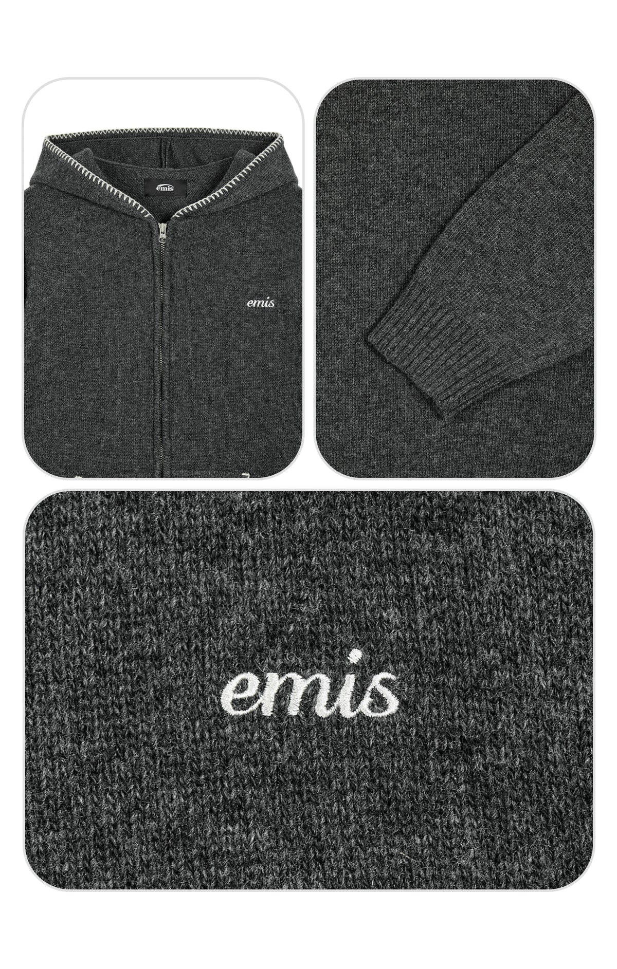 Emis Blanket Stitch Knit Hood Zip-UP-Charcoal