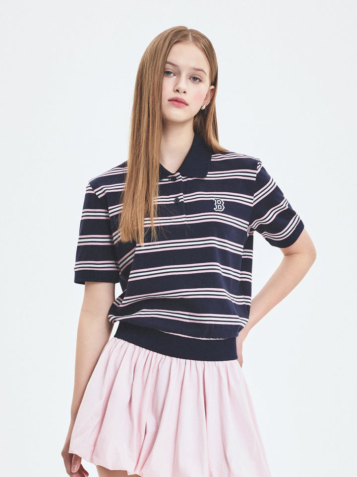 MLB Korea Women's Varsity Stripe Crop Polo T-shirt