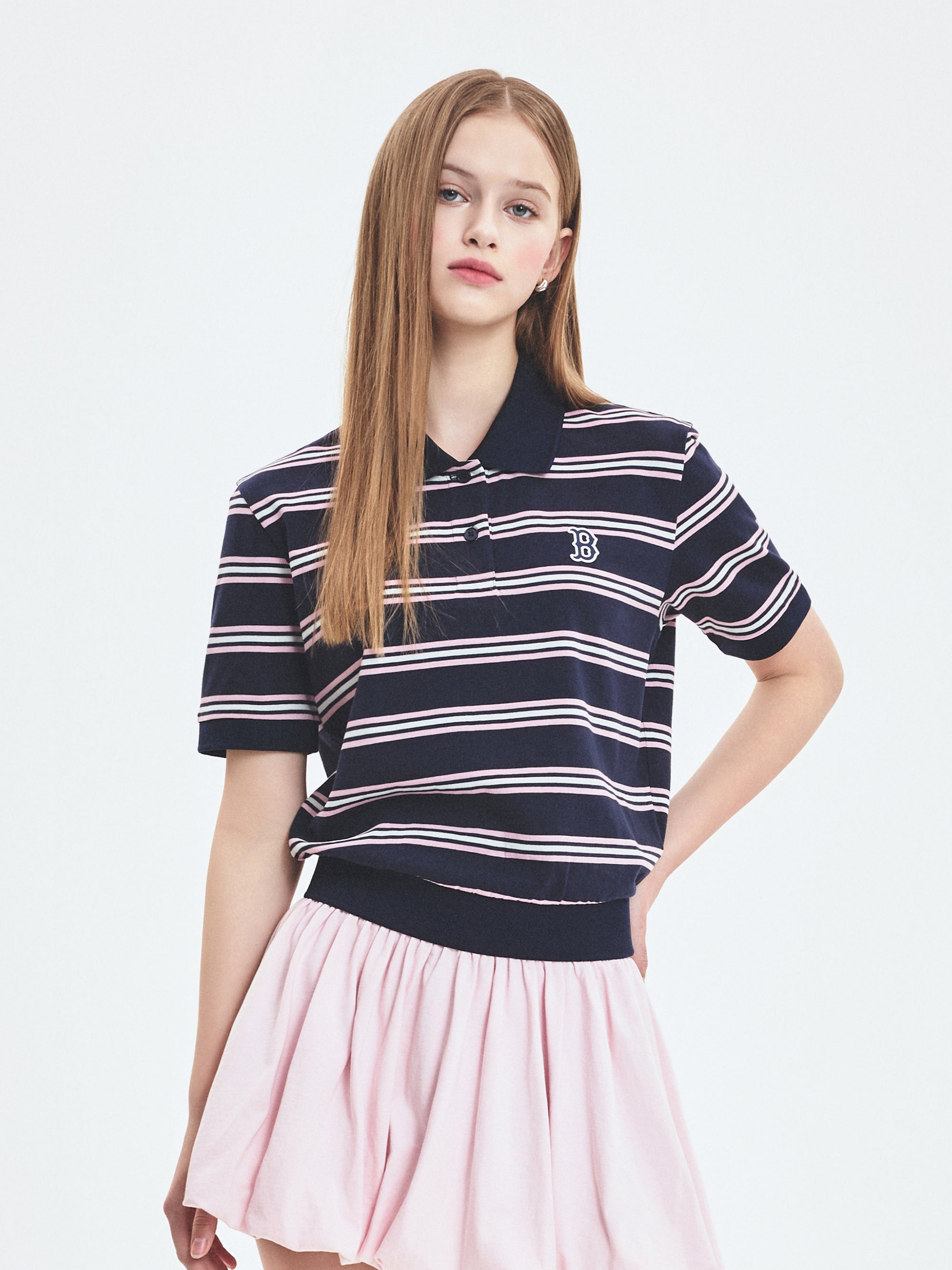 MLB Korea Women's Varsity Stripe Crop Polo T-shirt