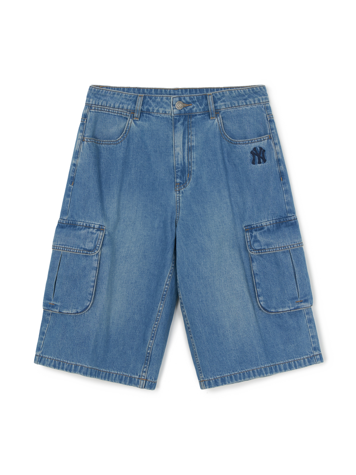 MLB Korea Men's Varsity Vintage Slub Cargo Denim Bermuda Pants