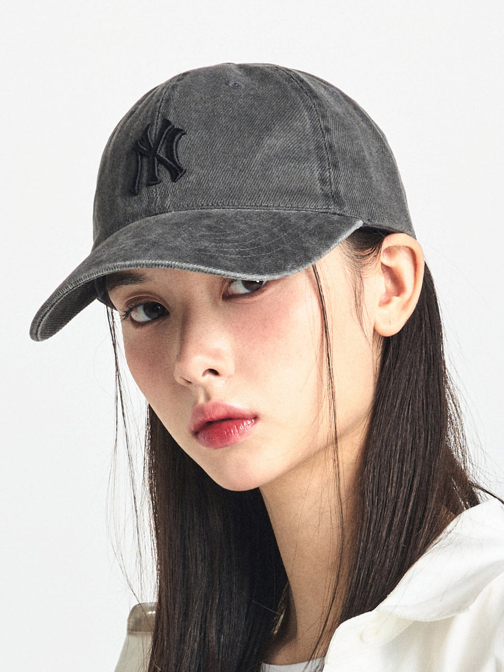 MLB Dark Gray unstructured washed cap, trendy Korean designer hat for streetwear style.