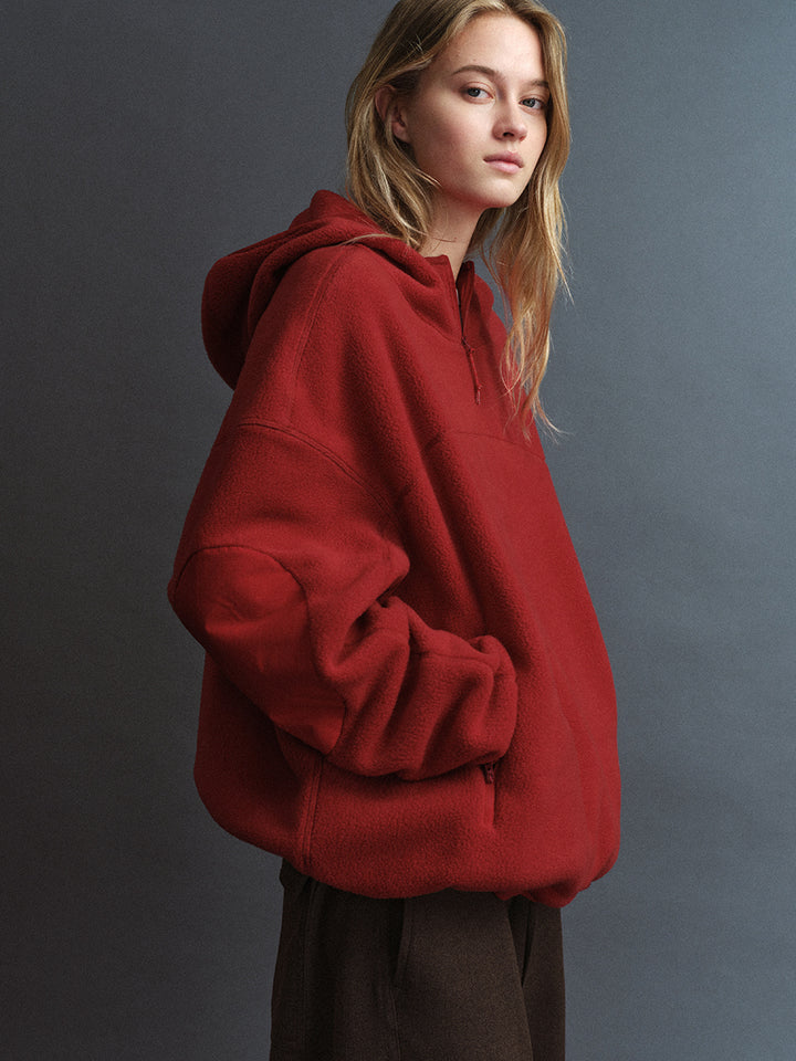 Facade Pattern Fleece Hooded Pullover red