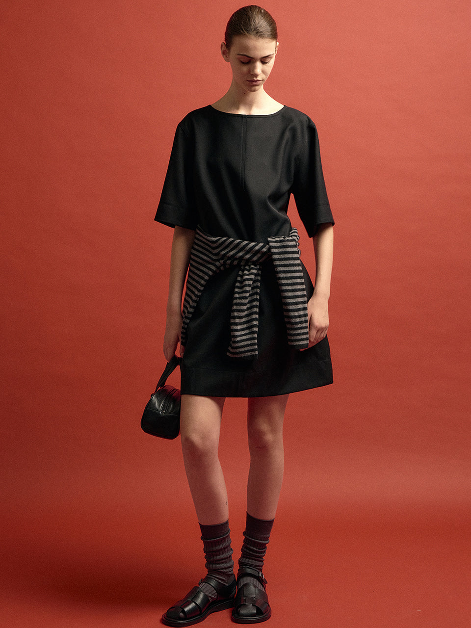 Facade Pattern Gabardine Half Sleeve Dress black