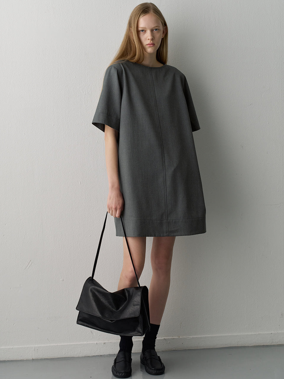Facade Pattern Gabardine Half Sleeve Dress charcoal