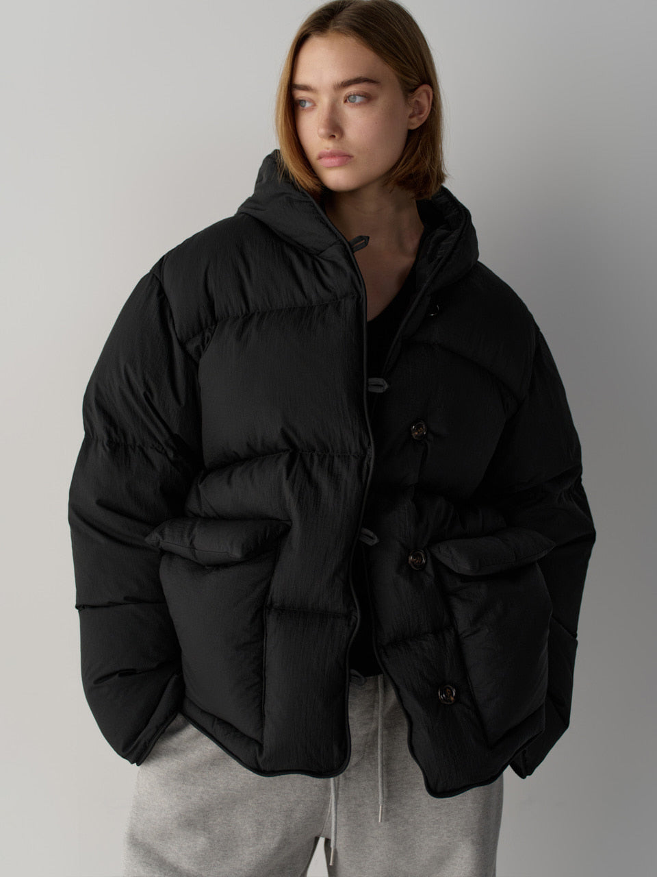 Facade Pattern Goose Down Hooded Puffer black