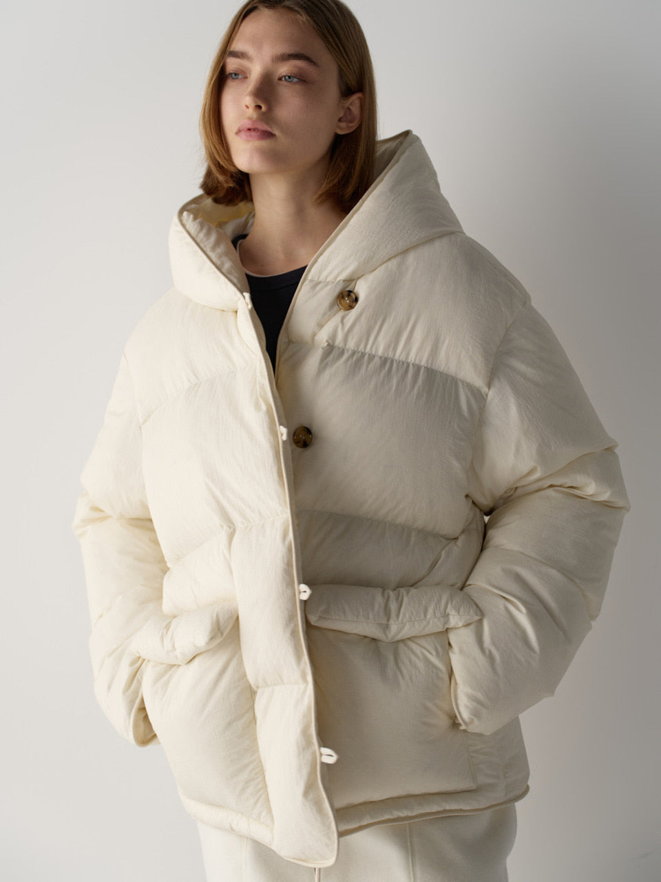 Facade Pattern Goose Down Hooded Puffer ivory