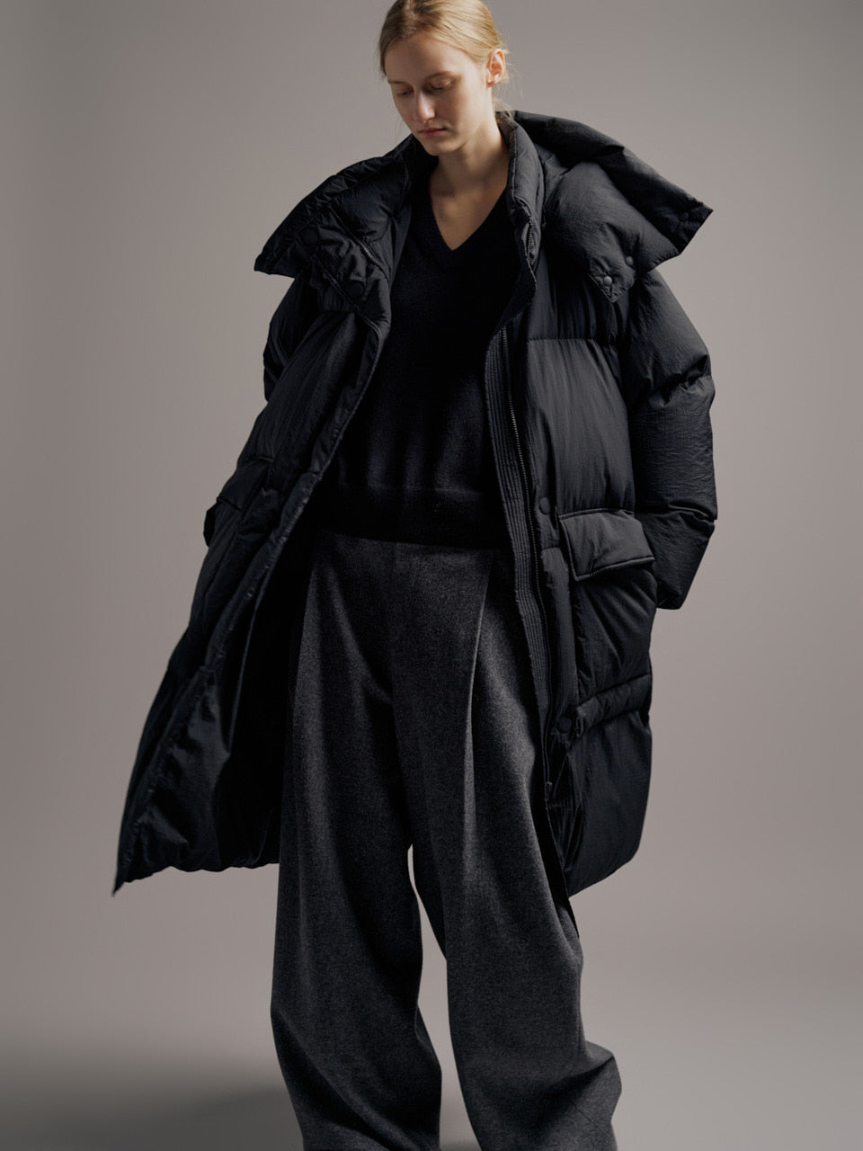 Facade Pattern Goose Down Long Padded Coat black