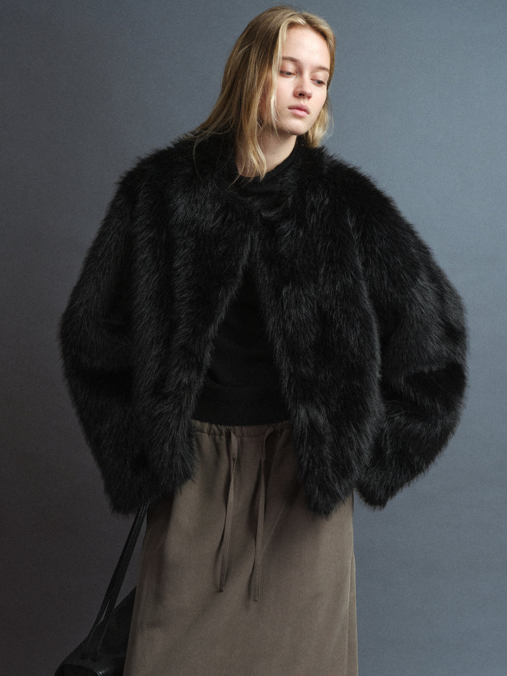 Facade Pattern Hairy Faux Fur Short Jacket black