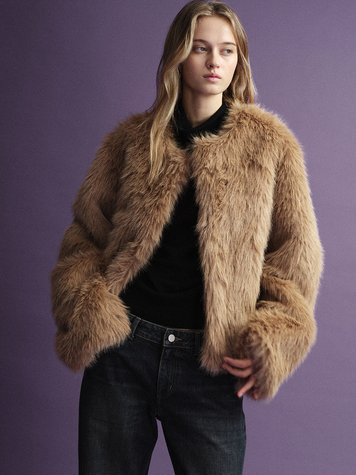 Facade Pattern Hairy Faux Fur Short Jacket camel