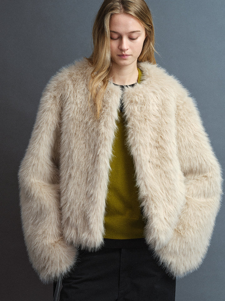 Facade Pattern Hairy Faux Fur Short Jacket cream