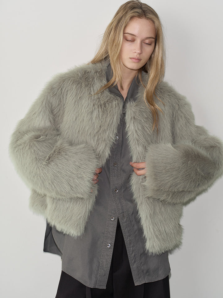 Facade Pattern Hairy Faux Fur Short Jacket jade green