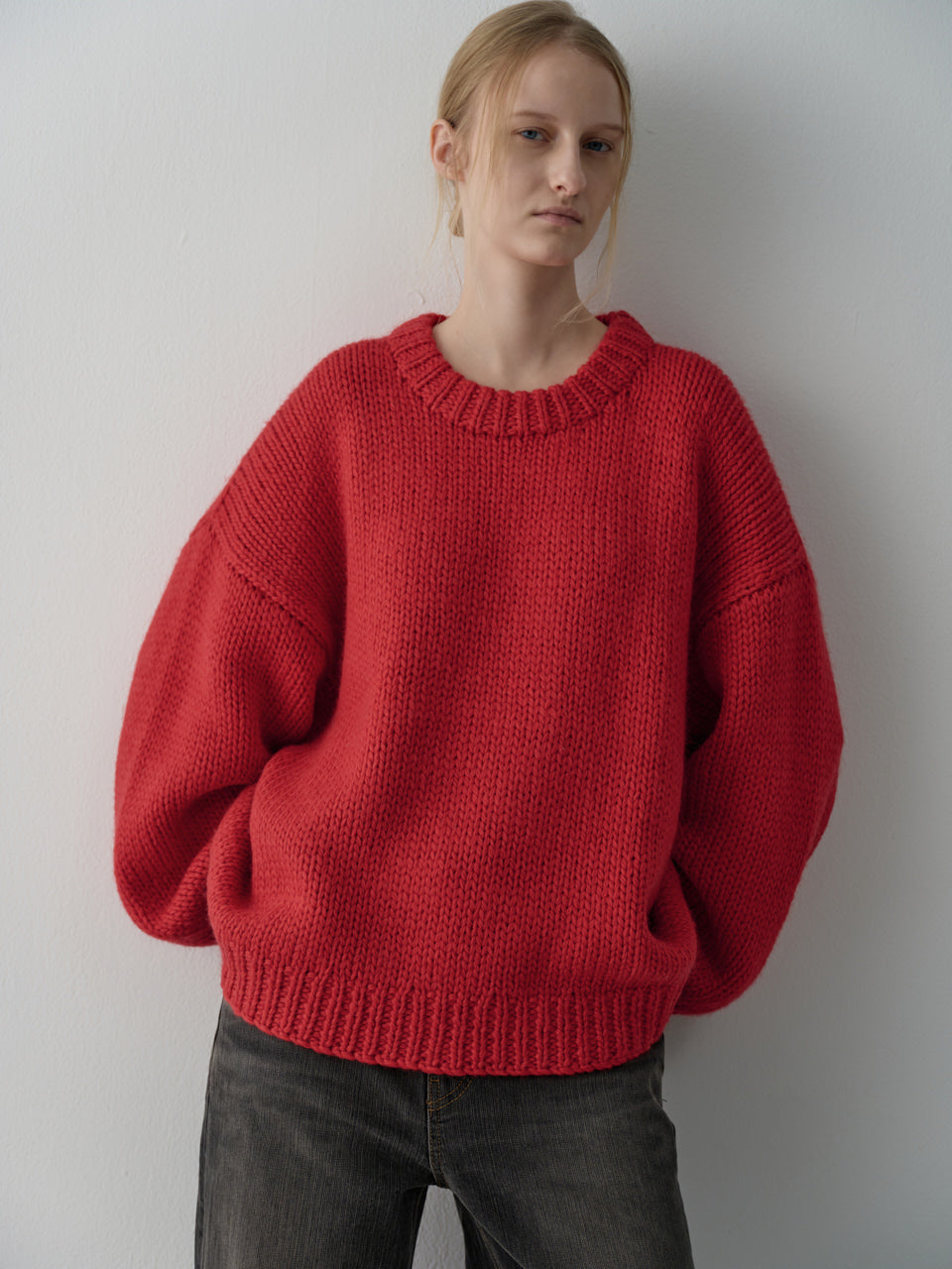 Facade Pattern Handmade Round Neck Knitwear red