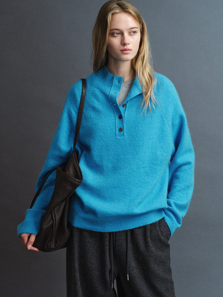 Facade Pattern High-Neck Button Knitwear blue