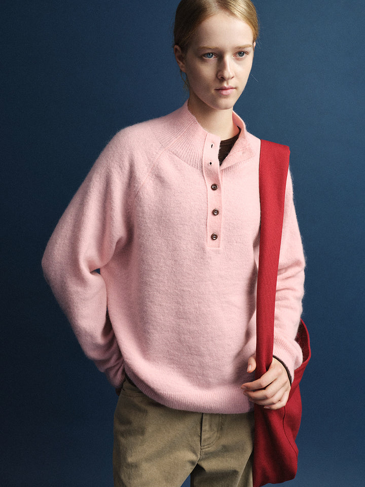 Facade Pattern High-Neck Button Knitwear pink