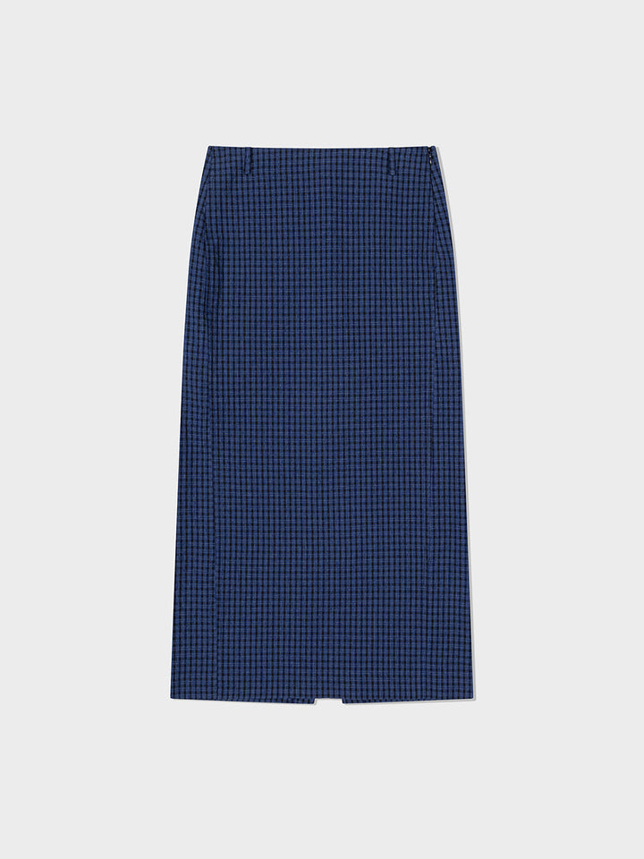 Low Classic Slit Checked Long Skirt Blue