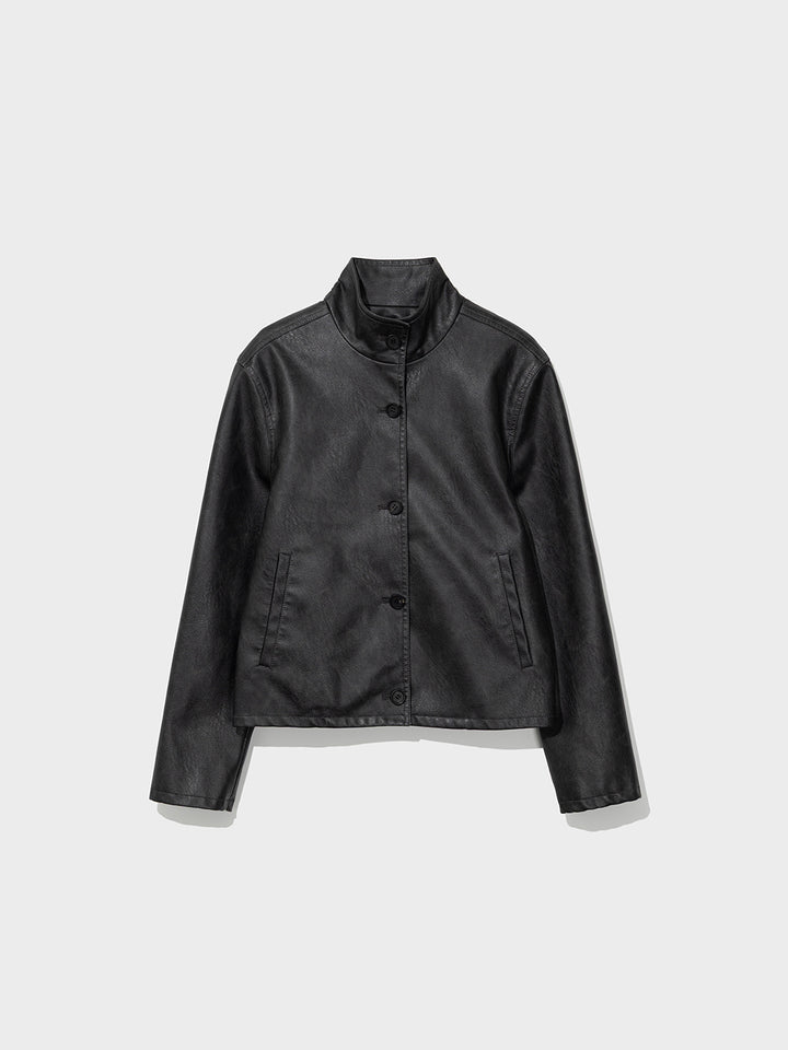 Low Classic Washed Artificial Leather Short Jacket Black