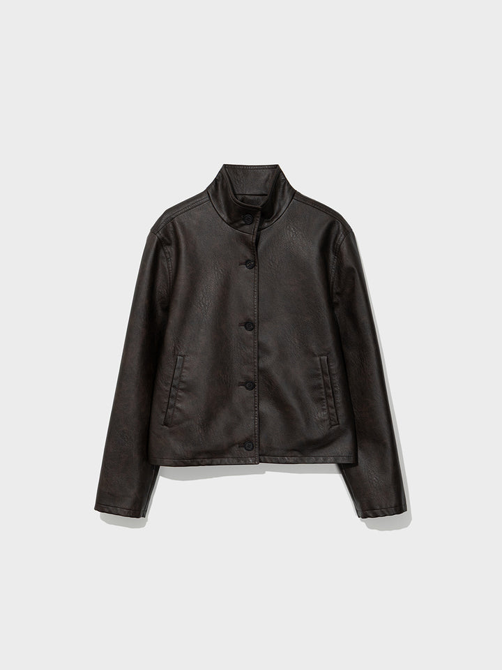 Low Classic Washed Artificial Leather Short Jacket Brown