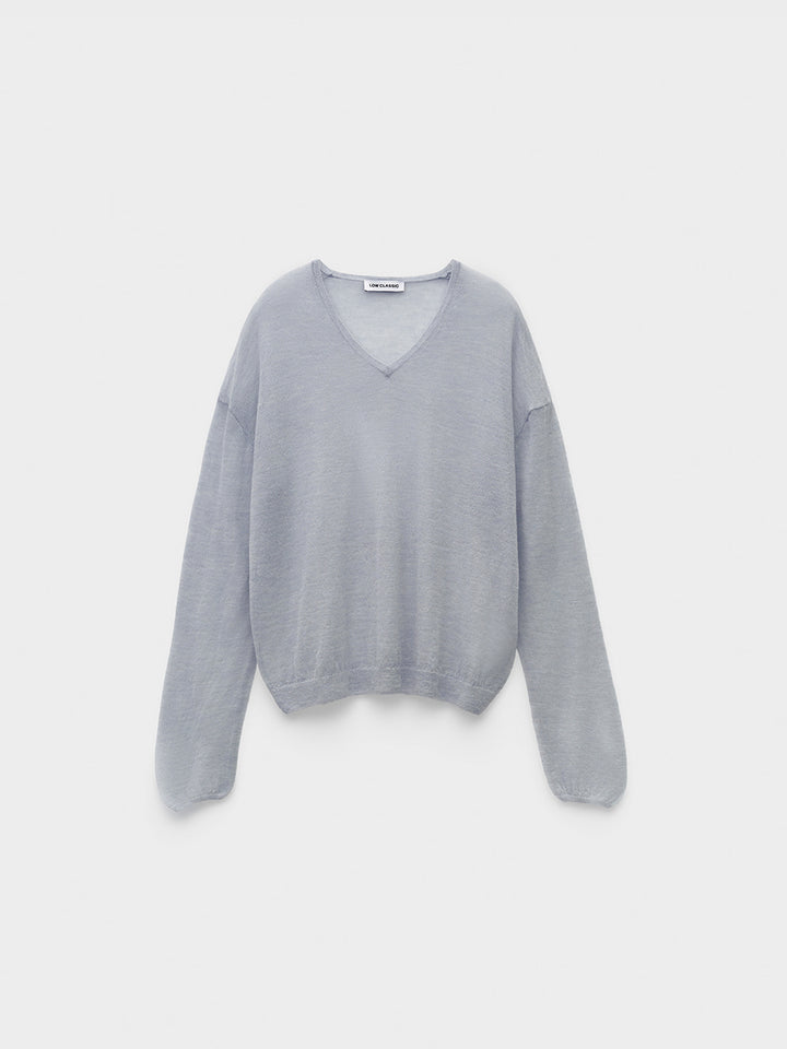 Low Classic See-Through V-Neck Knit Pullover Grey
