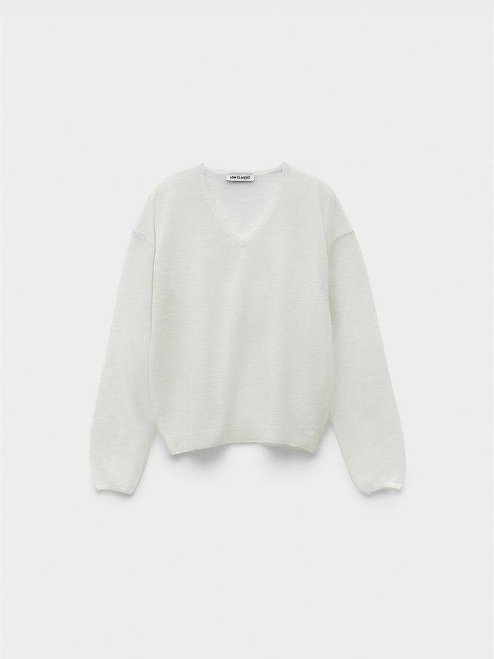 Low Classic See-Through V-Neck Knit Pullover White