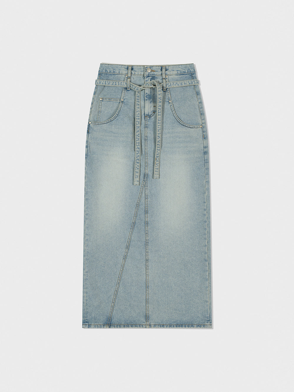 Low Classic Belted High Waist Denim Skirt Blue