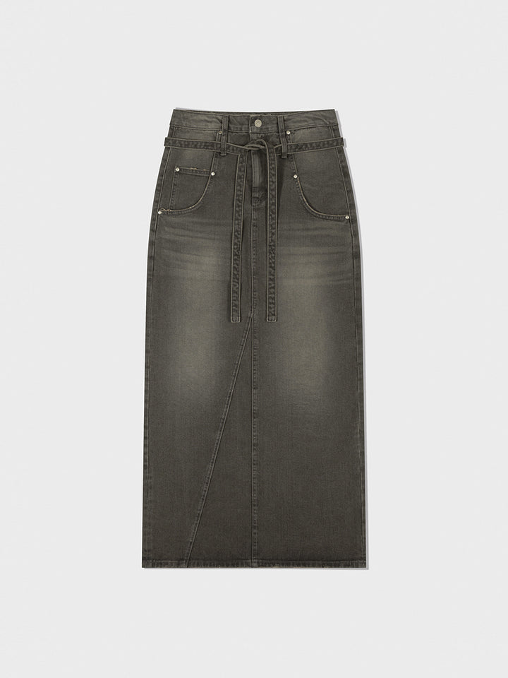 Low Classic Belted High Waist Denim Skirt Grey