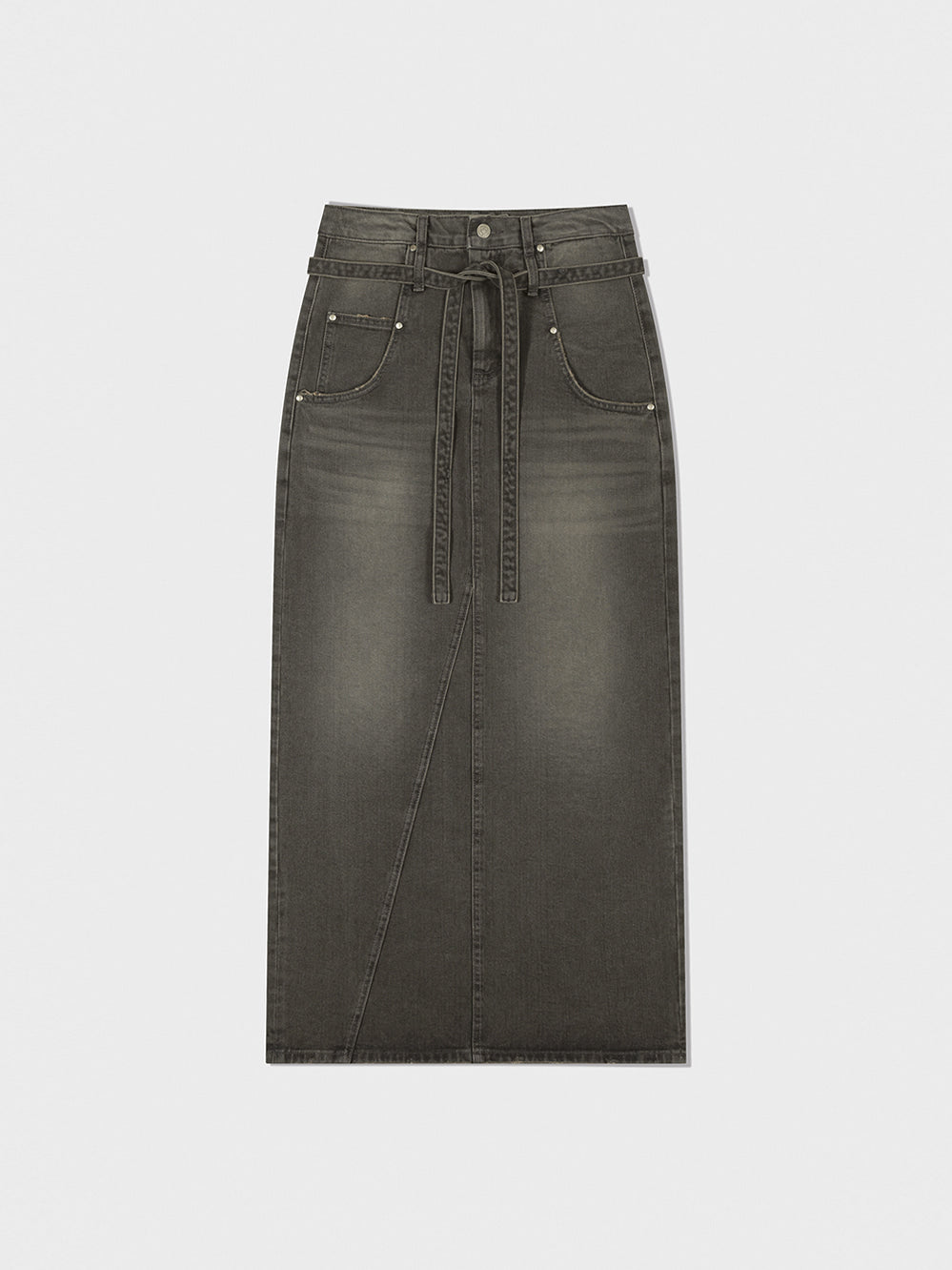 [Low Classic] Belted High Waist Denim Skirt_Grey