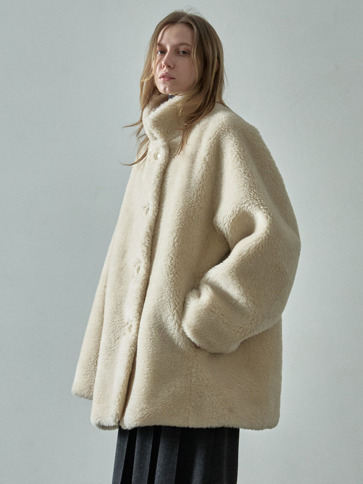 Facade Pattern Lambswool Faux Fur Half Coat cream