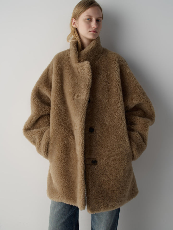 Facade Pattern Lambswool Fur Half Coat camel