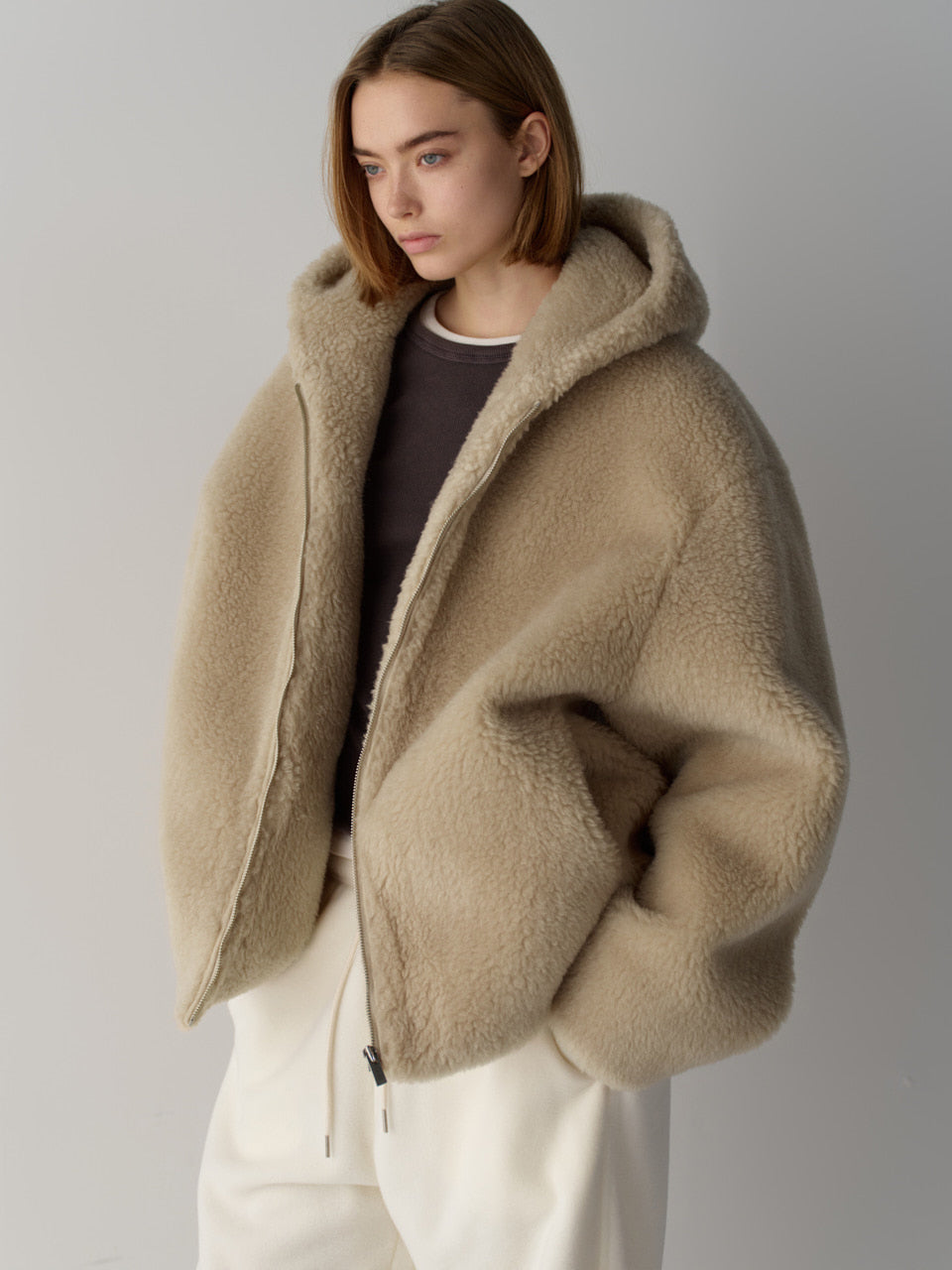 Facade Pattern Lambswool Hooded Jumper beige