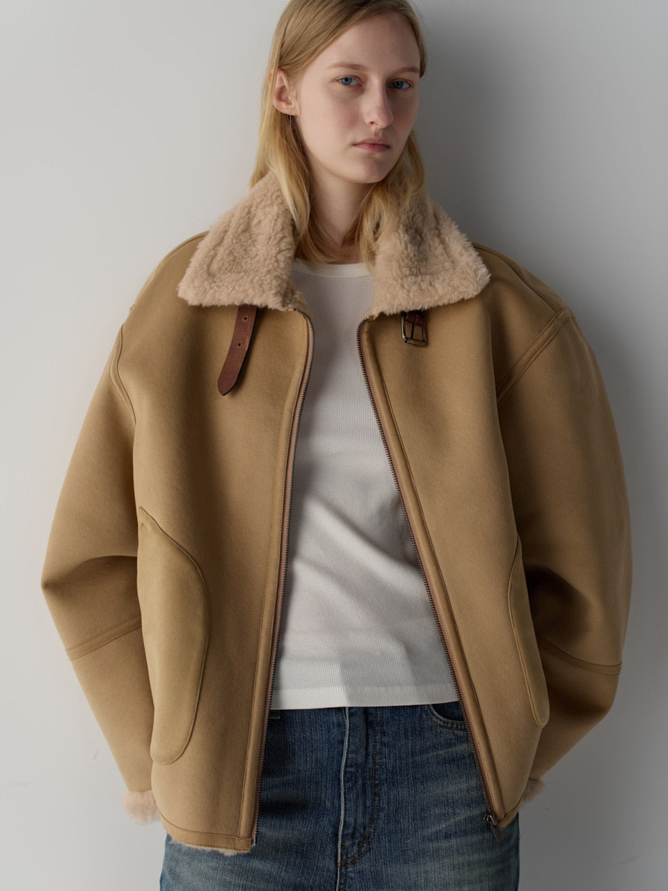 Facade Pattern Lambswool Suede Shearling Jacket beige