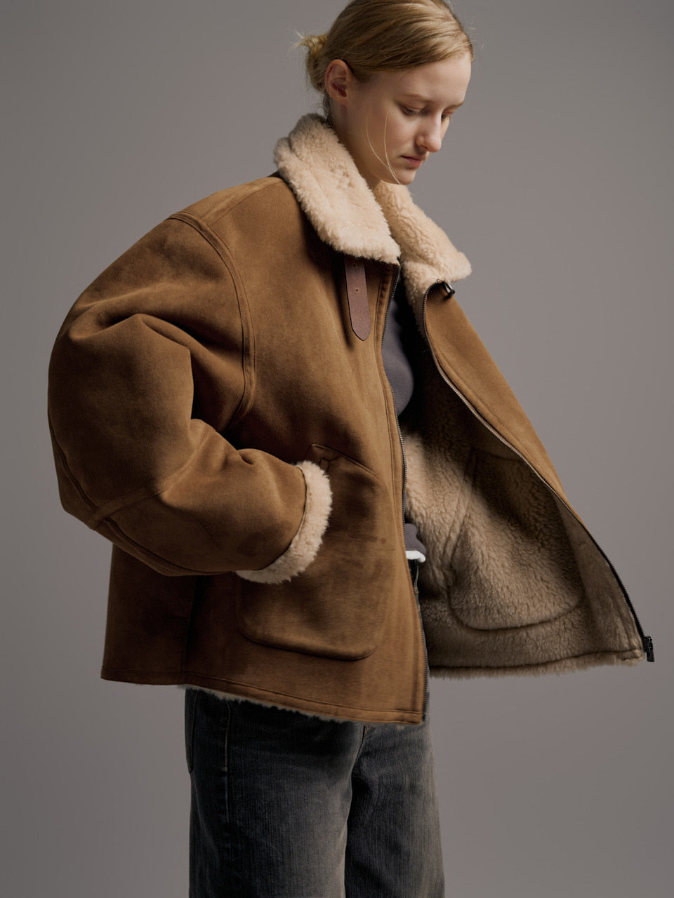 Facade Pattern Lambswool Suede Mustang Jacket camel