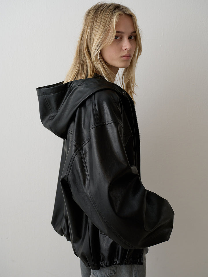Facade Pattern Leather Zip-Up Hoodie black