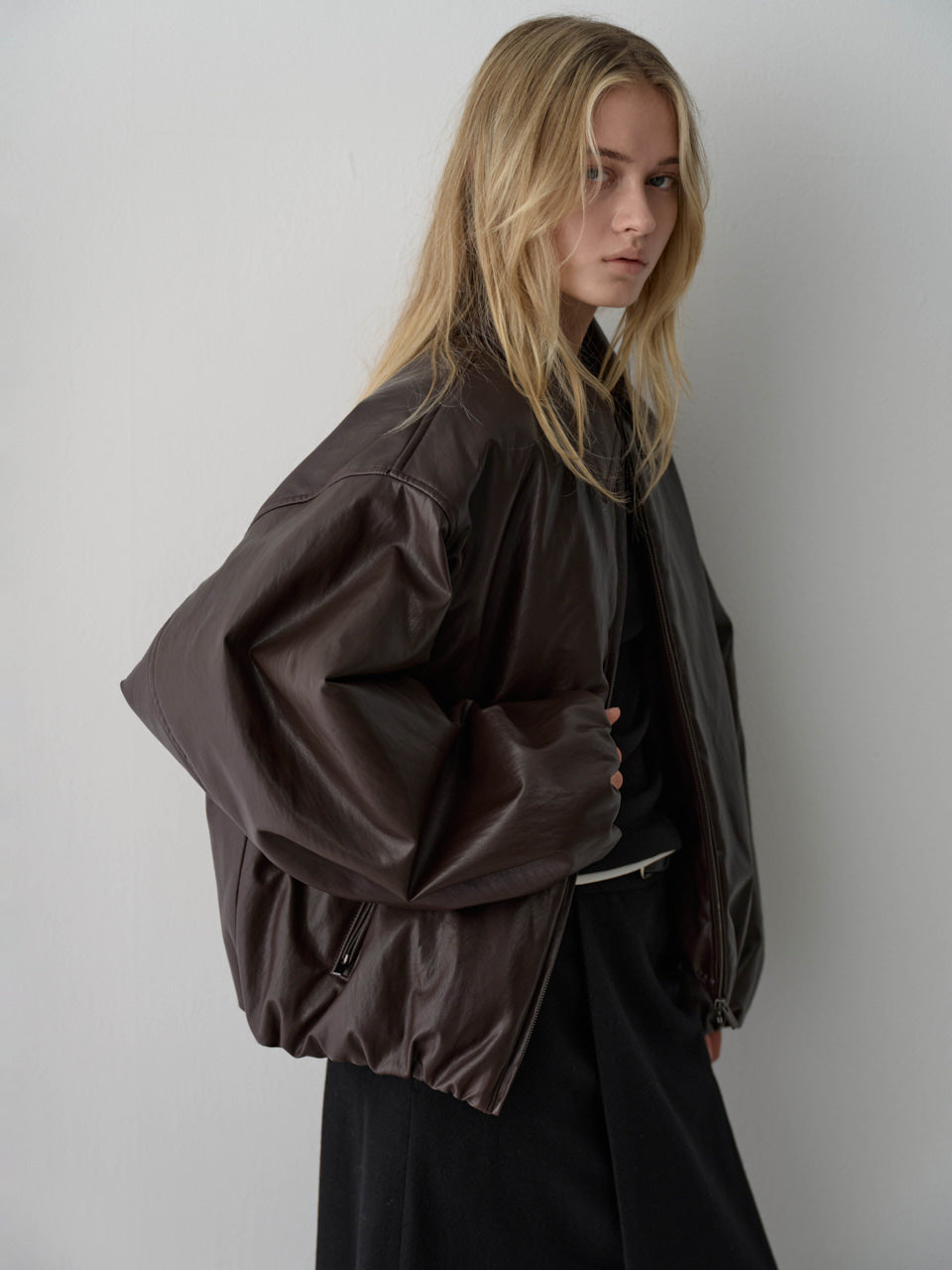 Facade Pattern Leather Bomber Jacket brown